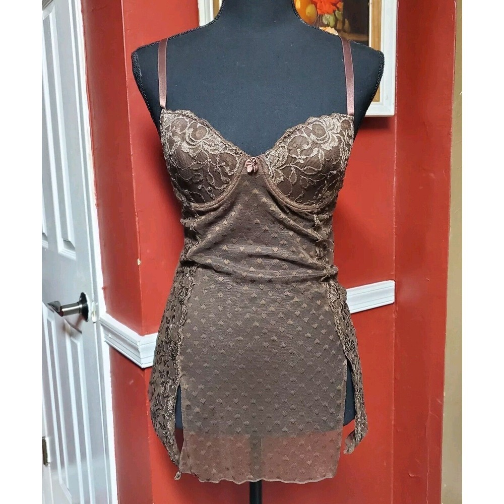 Y2K Vtg Rampage Camisole Lingerie Brown Mesh M Hearts Coquette Fairy Whimsigoth‎